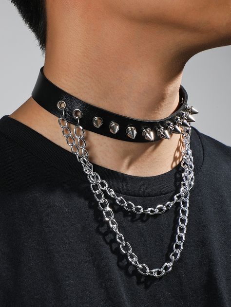 Black Funky   PU Leather  Chokers Embellished   Jewelry Goth Male, Choker Outfit, Mens Leather Jewelry, Mens Choker Necklace, Men Choker, Leather Choker Collars, Black Leather Choker, Mens Braids, Mens Casual Dress Outfits