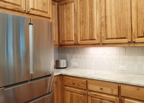 The Results! Before and After of a Partial Kitchen Makeover Consultation — DESIGNED Maple Cabinets Quartz Countertops, Maple Kitchen With White Counters, Lake Kitchen, Stainless Appliances Kitchen, Honey Oak Cabinets, Taj Mahal Quartzite, Maple Kitchen, Quartz Kitchen Countertops, Basement Kitchen