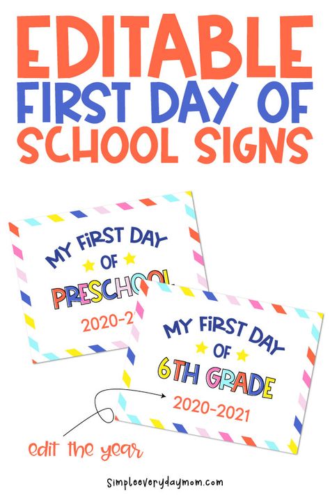 Looking for a colorful DIY first day of school sign? These free printable ones are editable and fun for little kids! Use for 2020-2021 or any year after! This bundle included preschool, kindergarten and 1st-6th grade. Download today! #simpleeverydaymom #firstdayofschool #schoolsigns #preschool #kindergarten #elementary #kidsandparenting Preschool First Week, First Day School Sign, First Day Of Kindergarten Sign, Preschool Set Up, Back To School Crafts For Kids, Preschool Certificates, Daycare Signs, First Day Of School Signs, Kindergarten Sign