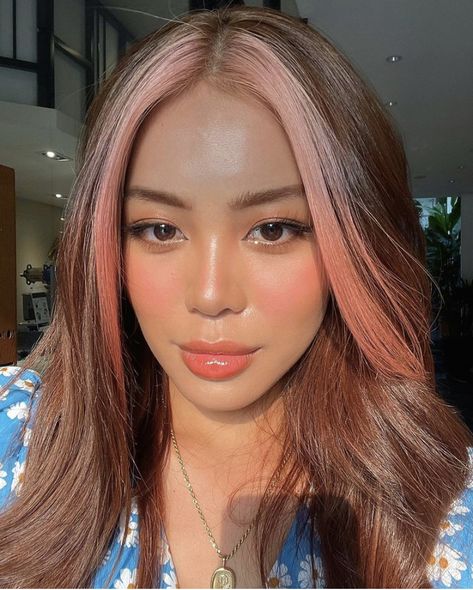 Rose Gold Front Hair Streaks, Brown Hair Pink Front Strands, Front Hair Strands Dyed, Pink Front Strands Hair, Hair Dye Front Strands Only, Pink Front Hair Streaks, Fairy Hair Colors, Pink Front Hair, Front Pieces Of Hair Dyed Pink