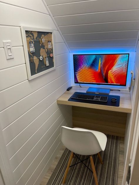 My mini office under the stairs Converting Space Under Stairs, Tiny Basement Office, Cupboard Under Stairs Office, Under Stairs Computer Desk, Basement Office Nook Ideas, Understairs Cupboard Office, Under Staircase Desk, Office Space Under Staircase, Small Office Ideas Home Nooks