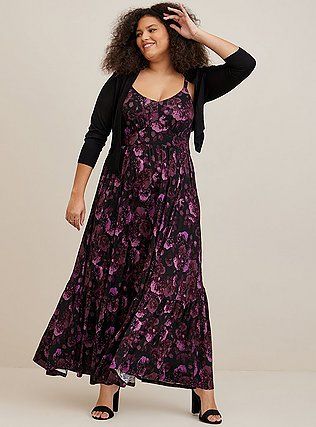 Maxi Super Soft Tiered Dress, PHOTO FLORAL LACE: BLACK Skater Maxi Dress, Strapless Ruffle Dress, Purple Maxi, Body Stretch, Purple Maxi Dress, Jaclyn Smith, Crop Top Skirt, Hi Low Dresses, Maxi Slip Dress