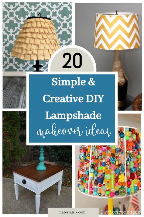 Collage of 20 DIY lampshade makeover ideas featuring various designs and colors. Covering Lampshades With Fabric, Vintage Lamp Shades Diy, Painted Lamp Shades Diy, How To Paint A Lampshade, Painting Lamp Shades Diy, Diy Lamp Shade Makeover, Upcycled Lampshade, Diy Lampshade Makeover, Floor Lamp Makeover