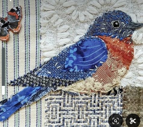 Recycled Fabric Art, Art Fibres Textiles, Bird Quilt Blocks, Bird Applique, Textile Art Embroidery, Collage Art Projects, Fabric Postcards, Bird Quilt, Embroidered Bird