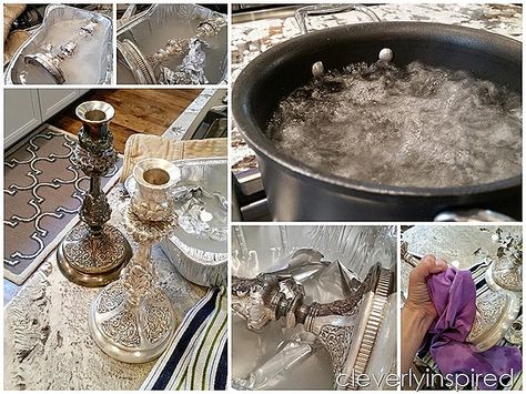 easy way to polish silver @cleverlyinspired  using boiling water, aluminum foil and baking soda.  worth a shot! Boiling Water, Polish Silver, Aluminum Foil, Baking Soda, Trick Or Treat, Happy Halloween, Decorative Tray, Foil, Brass