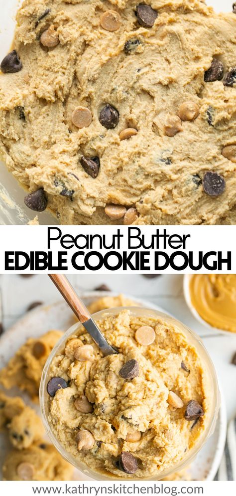 Peanut Butter Cookie Dough tastes even better than cookies and takes minutes to whip up. It’s safe to eat, easy to make, and makes the perfect dessert any time! Enjoy it by the spoonful, or add cookie dough pieces in ice cream, milkshakes, or frosted cakes or cupcakes. Peanut Butter Cookie Dough Edible, Edible Peanut Butter Cookie Dough, Cookie Dough Peanut Butter, Edible Sugar Cookie Dough, Cookie Dough Frosting, Edible Cookie Dough Recipe, Butter Cookie Dough, Banana Chocolate Chip Cookies, Homemade Toffee