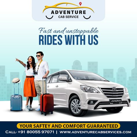 Need a ride? Look no further! Our taxi service offers fast and unstoppable rides at an affordable rate. Whether you're running late for a meeting or just need a quick ride home, we've got you covered. Don't Wait Book Now !!!🚗👨‍👩‍👧‍👦 Contact for cab service in Jaipur (Rajasthan) Call +91- 8005597071 Visit our website https://adventurecabservices.com/ . . #adventurecabservices #affordablerides #fastandunstoppable #newyear2023 #happynewyear2023s #cab #taxi Tours And Travels Visiting Card Design, Cab Service Creative Ads, Taxi Service Creative Ads, Travel And Tours Logo, Sales Slogans, Car Post, Yt Thumbnail, Restaurant Brochures, Tempo Traveller