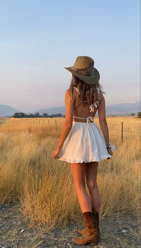 Cowgirl Aesthetic Clothes, Dress And Cowboy Boots Outfit Summer, Cowgirl Inspired Outfits, Fits With Cowboy Boots, Cute Cowboy Boot Outfits, Soft Western Outfits, Short Hair Cowgirl, Cowgirl White Dress, White Dress Cowgirl Boots Outfit