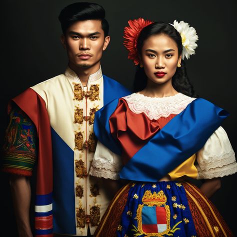 A beautiful portrait capturing two Filipino siblings in fashionable cultural attire inspired by both the Barong Tagalog and Saya, with a touch of Spanish influence in the design. The red, blue, yellow and white colors symbolize the blending of Philippine and Spanish cultures in their attire, showcasing their cultural pride and heritage. The portrait captures the bond between the siblings and their appreciation for both cultures. Filipino Traditional Clothing, Philippines Outfit, Filipino Clothing, Philippines Fashion, Filipino Fashion, Barong Tagalog, Philippines Culture, Culture Day, Filipino Culture