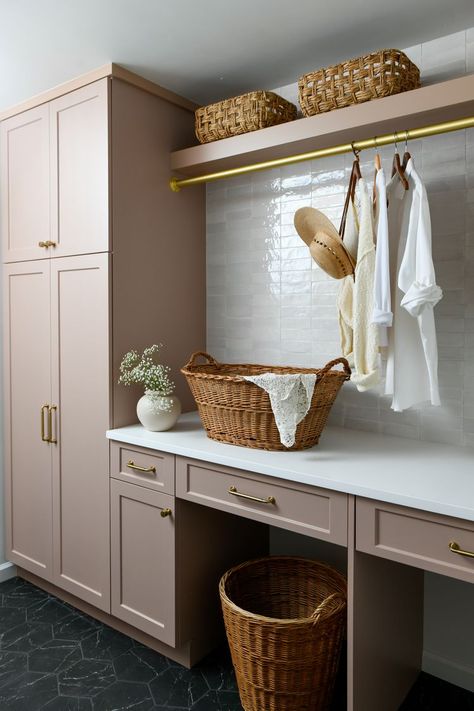 15 Laundry Room Colors So Pretty, You'll Even Look Forward to Wash Day Laundry Room With Place To Hang Clothes, Laundry Room Drying Bar, Hanging Area Laundry Room, Laundry Room Cleaning Storage, Drying Rack Ideas For Laundry Room, Laundry Room Fold Out Drying Rack, Laundry Room Table With Storage, Laundry Room Ideas With Countertop, Laundry Room With Lots Of Cabinets