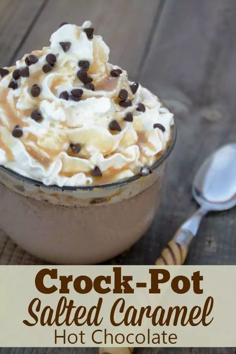 Crock-Pot Salted Caramel Hot Chocolate - Crock-Pot Ladies Thick And Creamy Hot Chocolate, Caramel Hot Chocolate, Creamy Hot Chocolate, Christmas Yummies, Salted Caramel Hot Chocolate, Crockpot Hot Chocolate, Hot Chocolate Drink, Santa Party, Copycat Starbucks Recipes