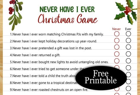 Free Printable Never Have I Ever Christmas Game for Adults Christmas Never Have I Ever Questions, Christmas Who Am I Game, Christmas Ice Breakers For Ladies, Free Christmas Printable Games, Christmas Ice Breaker Games, Christmas Games For Women, Christmas Game For Adults, Blindfold Drawing, Pin The Nose On Rudolph