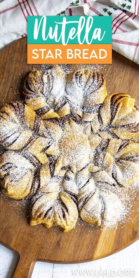 This Nutella star bread is a perfectly beautiful bread, made with store bought Crescent Roll Dough making it the perfect easy, and delicious, and beautiful breakfast, brunch or dessert! Christmas Star Bread Recipe, Nutella Star, Nutella Star Bread, Bread Yeast, Star Bread, Bread Shaping, Baking Inspiration, Eggless Baking, Holiday Breakfast