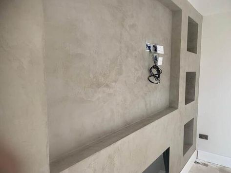 Venetian stone media wall Media Walls, Polished Plaster, Wood Insert, Venetian Plaster, Media Wall, Wall Installation, Electric Fireplace, Home Entertainment, Wall Quotes