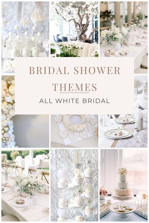 All white bridal shower theme. A very classy simple theme that will feel and look very elegant. White Themed Bridal Shower Decor, Bridal Shower Ideas White And Gold, White And Gold Bridal Shower Ideas, Bridal Shower Ideas Themed Elegant, All White Bridal Shower Ideas, Bridal Shower Theme Ideas Classy, White Bridal Shower Decorations, Pearl Bridal Shower Theme, White Bridal Shower Decor