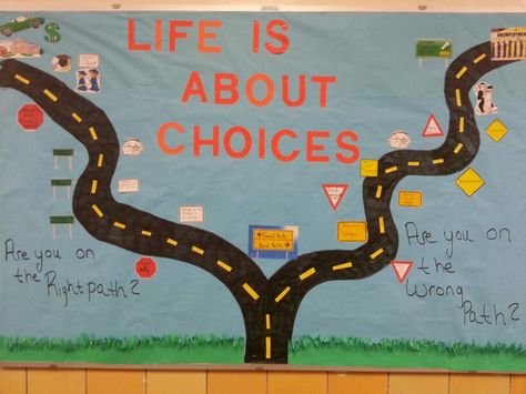 School counseling bulletin board. I put up at the middle school to help remind them they have a choice and those choices lead down a path. The only thing I would have done different is put the good path on the right. The signs have good choices and bad that are opposite of each other. Good Choices Bulletin Board, Making Good Choices Bulletin Board, Perspective Bulletin Board, Focus Activities, Classroom Stations, Counselor Bulletin Boards, Notice Board Decoration, School Counseling Bulletin Boards, Counseling Bulletin Boards