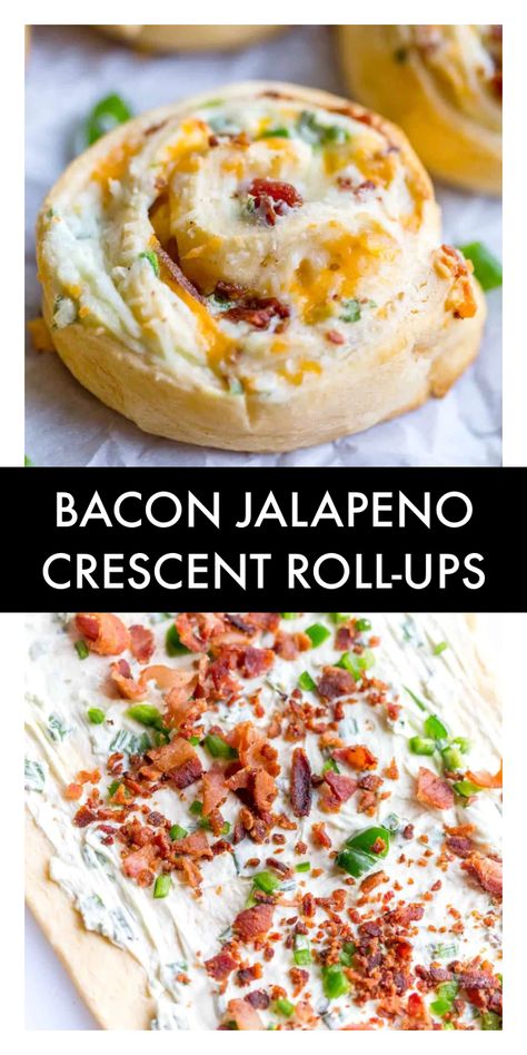 These Bacon Jalapeno Crescent Roll Ups are an easy appetizer or dinner recipe that are always a crowd favorite. They are made with canned crescent dough, bacon, cream cheese, garlic powder, green onions, chopped jalapenos, and shredded cheddar cheese. Crescent Roll Ups, Crescent Dough Sheet, Cheese Crescent Rolls, Crescent Recipes, Cream Cheese Rolls, Shredded Cheddar Cheese, Stuffed Jalapenos With Bacon, Pinwheel Recipes, Cooking Bacon