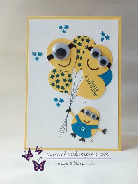 Minion happy birthday card with new Ballon Celebration stamp set from Stampin'Up! see more cards at www.chicstamping.com Minion Cards Birthday, Cards For Boys Birthday, Minion Birthday Cards, Kids Birthday Cards Diy, Kids Birthday Card Ideas, Stampin Up Kids Birthday Cards, Kids Cards Handmade, Children Birthday Cards, Boy Birthday Cards