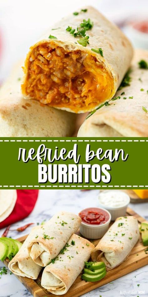 Looking for a delicious and nutritious meal that will satisfy your cravings? Try these mouthwatering refried bean and rice burritos packed with hidden vegetables! With a flavorful blend of spices, tender rice, and creamy refried beans, these bean burritos are a filling and satisfying choice for any meal. And the best part? You'll be sneaking in some extra veggies without sacrificing taste. Perfect for busy weeknights or a tasty lunch on the go. Refried Bean Burritos, Refried Beans And Rice, Creamy Refried Beans, Bean Burritos Recipe, 15 Min Meals, Bean And Cheese Burrito, Bean And Rice, Refried Bean, Homemade Refried Beans