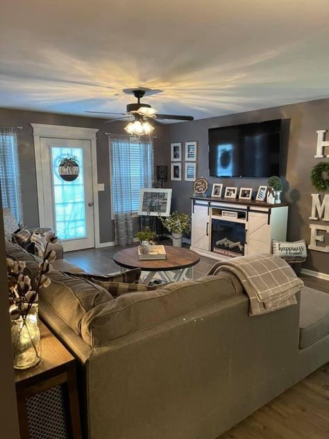 Living Room Designs With Tan Couch, Movie Night Living Room Ideas, Small Living Room Ideas Cozy Rustic, Couch On Wall, Simple House Decor Living Room, Two Living Rooms Next To Each Other, Realistic Living Room Ideas, Medium Living Room Ideas, Mobile Home Decorating Living Room