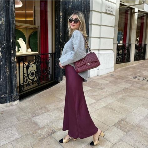 Maroon Silk Skirt Outfit, Zara Satin Skirt, Burgundy Work Outfit, Burgundy Maxi Skirt Outfit, Burgundy Satin Skirt, Burgundy Silk Skirt Outfit, Burgundy Skirt Outfit Winter, Wine Red Skirt Outfit, Burgundy Satin Skirt Outfit