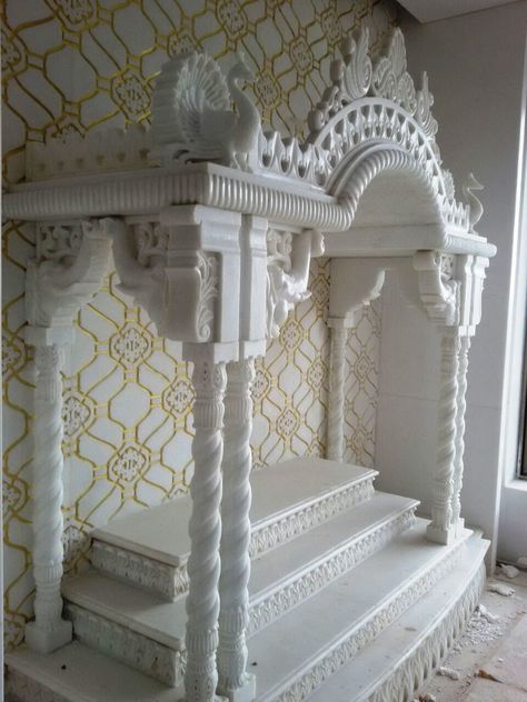 #Mandir in White #Marble with Gold painted and #Carving background wall #cladding #kamleshpanchal #stonecarving #7014138598 Sangmarmar Temple For Home, Marble Pooja Mandir Ideas Design, Pooja Room Marble Design, Marbel Mandir Home, Marble Puja Mandir, Marbal Mandir Home, Marbal Mandir Design Puja Room, Marble Mandir Design Puja Room Modern, Marble Mandir Design For Home