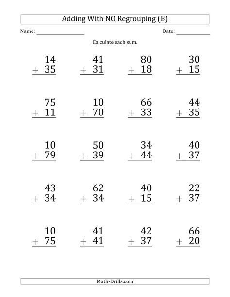 The Large Print 2-Digit Plus 2-Digit Addition with NO Regrouping (B) math worksheet from the Addition Worksheets page at Math-Drills.com. Matematika Tk, Addition Coloring Worksheet, Adding Worksheets, Kumon Math, Kids Preschool Learning, Double Digit Addition, Math Card Games, Addition Practice, Maths Paper