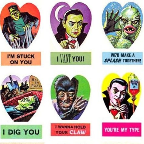 Vintage Monster Valentines -Frankenstein, Dracula, Swamp Thing, & Wolf Man Monster Valentines, Horror Monsters, My Funny Valentine, Universal Monsters, Classic Monsters, Vintage Horror, Maquillage Halloween, Movie Monsters, Oui Oui