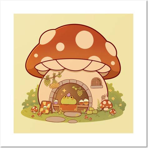 Little frog wizard in a mushroom potion house! -- Choose from our vast selection of art prints and posters to match with your desired size to make the perfect print or poster. Pick your favorite: Movies, TV Shows, Art, and so much more! Available in mini, small, medium, large, and extra-large depending on the design. For men, women, and children. Perfect for decoration. Frog And Mushroom Art, Mushroom Character Design, Mushroom House Art, Mushroom Potion, Cute Mushroom House, Poster Mushroom, Frog Artwork, Potion Shop, Frog Wizard