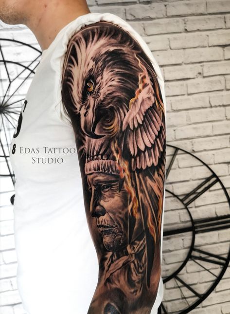 Native American Chest Tattoo For Men, Native Arm Tattoo, Mens Native American Tattoos, Indian Head Tattoo Men, Chief Tattoo Men, Native American Animal Tattoos, Indian Man Tattoo, Native American Tattoos Sleeve Men, Indian Eagle Tattoo