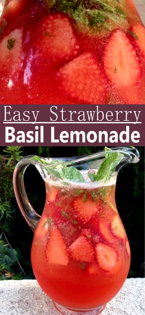 Basil Lemonade Recipe, Easy Strawberry Lemonade Recipe, Easy Strawberry Lemonade, Strawberry Basil Lemonade, Strawberry Lemonade Recipe, Basil Lemonade, Strawberry Basil, Recipe Italian, Drink Recipes Nonalcoholic