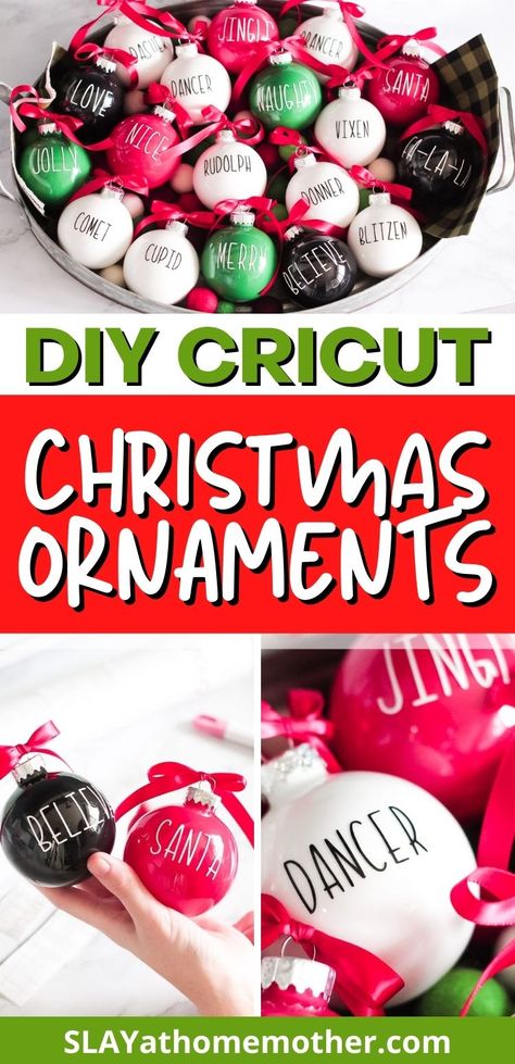 Name Ornaments Diy, Christmas Ornaments With Cricut, Cricut Christmas Ornaments, Make Your Own Christmas Ornaments, Cricut Ornaments, Reindeer Names, Farmhouse Christmas Ornaments, Diy Christmas Ornaments Easy, Clear Ornaments