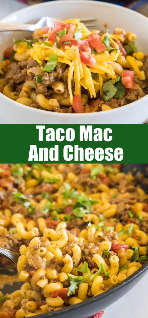 This easy taco mac and cheese recipe combines two favorite comfort foods into one cheesy, flavor-packed skillet dinner! Taco Mac And Cheese Kraft, Taco Mac Recipe, June Recipes, Taco Mac, Taco Mac And Cheese, Fiesta Food, Taco Skillet, Cheese Taco, Easy Mac N Cheese