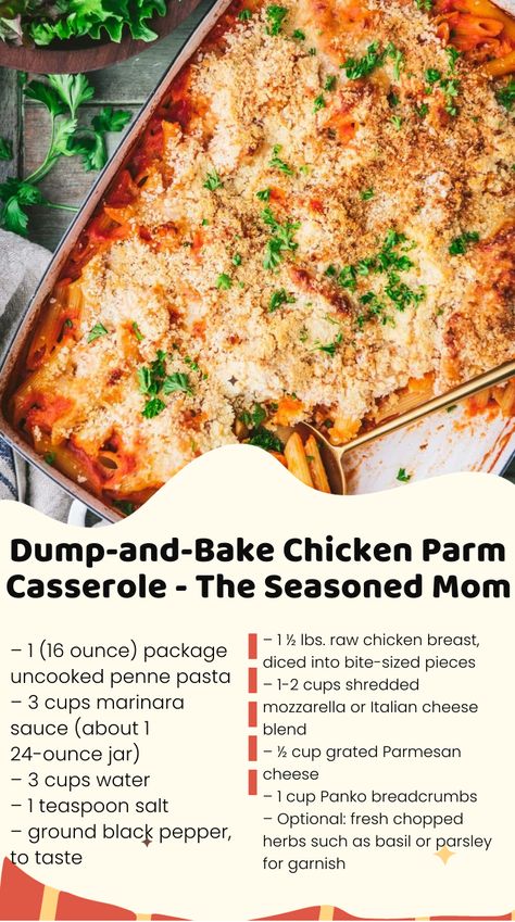 A light, healthy, and easy dump-and-bake chicken parmesan casserole is a one-dish weeknight dinner that everyone loves! Dump Chicken Parmesan Casserole, Dump And Bake Parmesan Chicken, Chicken Parmesan Dump And Bake, Chicken Parm Dump And Bake, Easy Chicken Parm Casserole, Dump N Bake Dinner, Chicken Parm Bake Casseroles, Dump And Bake Chicken Parmesan Casserole, Chicken Parm Pasta Bake