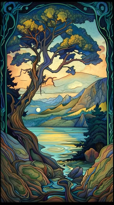 Immerse yourself in the beauty of nature with our collection of Art Nouveau landscape paintings. Each piece captures scenic and picturesque views of mountains, oceans, and forests, blending the elegance of Art Nouveau with the tranquility of the natural world.  Our high-definition artworks are perfect for adding a touch of serenity and sophistication to any space. Discover the harmonious blend of flowing lines, intricate details, and vibrant colors that bring these enchanting landscapes to life. Contrast In Nature, Landscape Design Paintings, Art Nouveau Mountain, Silhoutte Ideas Art Nature, Art Nouveau Forest, Painting Landscape Ideas, Cool Art Paintings, Art Nouveau Landscape, Art Deco Ocean