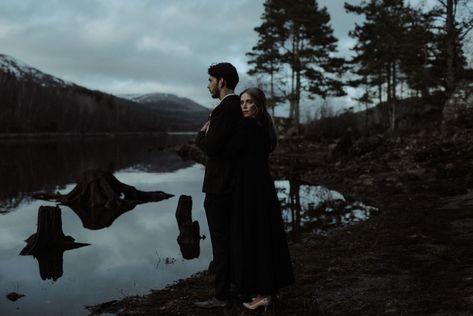 scotland elopement photographer 0250 Goth Couple Photoshoot, Vampire Photo, Themed Engagement Photos, Scotland Elopement, Dark Wedding Theme, Best Places To Elope, Burning Wood, Places To Elope, Outdoor Elopement