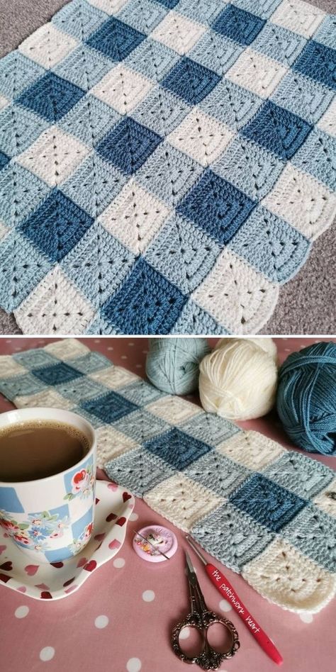 Classic Gingham Crochet Blue Crochet Blankets, Blue And White Granny Square Blanket, Gingham Granny Square, Blue Crochet Baby Blanket, Light Blue Crochet Blanket, Blue Blanket Crochet, Crochet Granny Square Blanket Layout, What To Crochet With Blue Yarn, Gingham Crochet Blanket Pattern Free