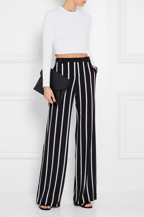 EMILIO PUCCI Striped silk crepe de chine wide-leg pants Pucci Pants Outfit, Bw Striped Pants, Luxury Striped Wide-leg Pants, Luxury Wide-leg Pants With Vertical Stripes, Givenchy Sandals, Emilio Pucci Shirt, Alexander Mcqueen Bracelet, Jersey Sweater, Stripe Silk