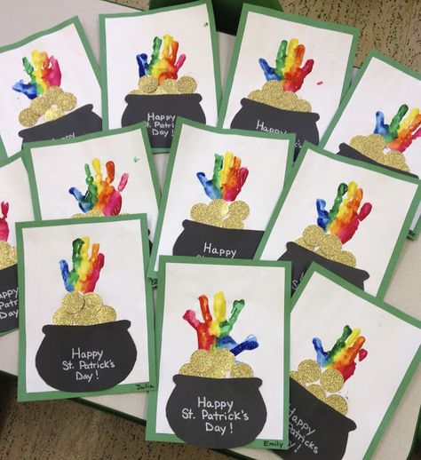 Preschool Crafts St Patricks, At Patrick’s Day Art Preschool, Rainbow Ideas For Classroom, Toddler St Pattys Day Crafts, Handprint Rainbow With Pot Of Gold, St Patrick’s Day Projects, Pot Of Gold Handprint Craft, St Patricks Day Art For Kids Classroom, St Patrick Handprint Crafts