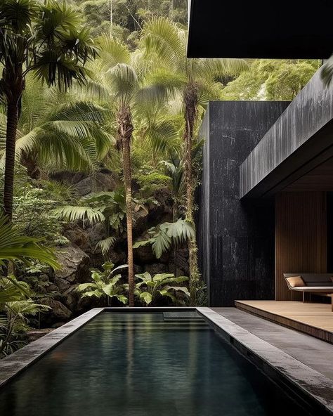 MODERN ARCHITECTURE | Designed by: @miladeshtiyaghi Black Jungle House Follow @minimalismoarchitecture for more !!! Would you live here? #black #jungle… | Instagram Black House Backyard, Dark Beach House, Jungle House Architecture, Modern Jungle House, Modern House Design Exterior Luxury, Island House Exterior, House In Jungle, Bali Vila, Jungle Houses