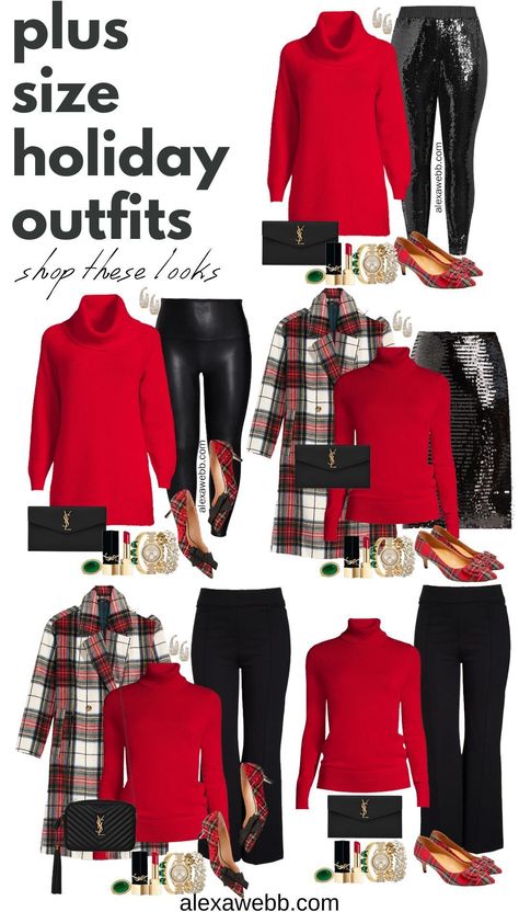 Plus Size Sequin Skirt, Plaid Coat Outfit, Classy Christmas Outfit, Red Sweater Outfit, Alexa Webb, Christmas Outfit Ideas, Red Turtleneck Sweater, Holiday Outfits Christmas, Cute Christmas Outfits