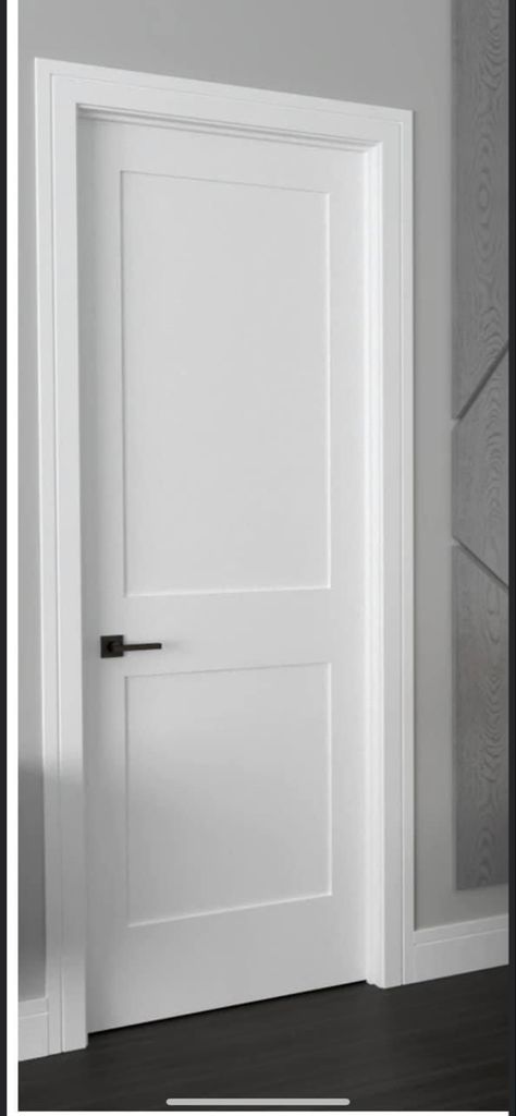 Interior Doors For Farmhouse Style, White Interior Door With Black Hardware, White 2 Panel Door With Black Hardware, Interior Doors Craftsman Style, Modern Home Trim Ideas, White 6 Panel Interior Doors, White Bedroom Doors With Black Handles, White Trim And Doors Interior, Indoor Doors Farmhouse