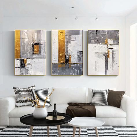 Set of 3 Gold Grey Canvas Painting Modern abstract Original Large wall art Flower Acrylic Painting living room Home decor|Painting & Calligraphy| - AliExpress Tablouri Living, Grey And Yellow Living Room, Decor Paintings, Cubist Art, Living Room Decor Gray, Flower Acrylic, Hallway Wall Decor, Yellow Living Room, Grey Painting