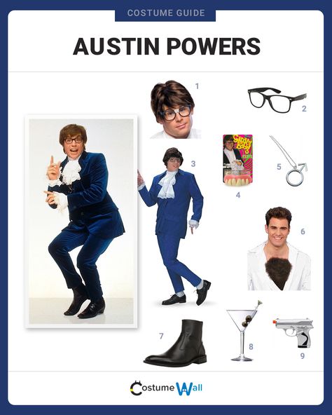 The best costume guide for dressing like Austin Powers, the British spy from the comedy movie Austin Powers: International Man of Mystery. Movie Costumes Men, Austin Powers International Man Of Mystery, Movie Character Halloween Costumes, Austin Powers Costume, International Man Of Mystery, Character Halloween Costumes, Mike Myers, Movie Character Costumes, 60s Party