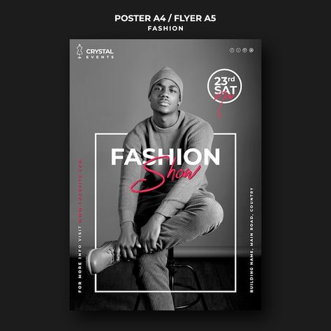 Fashion show male model poster template | Free Psd #Freepik #freepsd #vogue #model-poster #fashion-show #fashion-poster Model Poster, Fashion Sale Banner, Cafe Posters, Poster Template Free, Flyer Free, Fashion Poster Design, Fashion Banner, Blog Banner, Event Flyer Templates