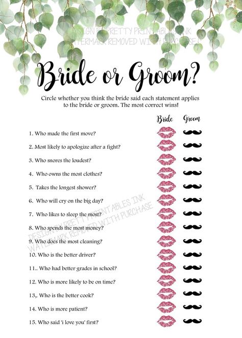 Greenery bride or groom quiz game with fun questions guests answer saying whether they think the statement applies to the bride or groom. Mr & Mrs Game, Couples Wedding Shower Games, Bride Or Groom Game, Who Knows The Couple Best, Fun Wedding Games, Couples Quiz, Couple Shower Games, Engagement Party Planning, Wedding Party Games