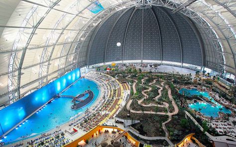 If you’re looking for the biggest water park in the world, Germany likely doesn’t come to mind.But 30 miles south of Berlin, inside a former airship hangar, which is frosted in snow in the winter,... Indoor Beach, Indoor Waterpark, Tropical Resort, World Water, Air Balloon Rides, Holiday Resort, Waterpark, Park Photos, Island Resort