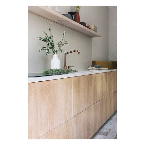 Custom Fronts on Instagram: “Another view of our white oak kitchen, paired with Ikea cabinets, grey limewash @bauwerkcolour paint and #spicedhoney banquette . 📷 and…” White Oak Kitchen, Plywood Kitchen, New Kitchen Cabinets, Ikea Cabinets, Oak Kitchen, 아파트 인테리어, Kitchen Extension, Kitchen Doors, Kitchen Trends