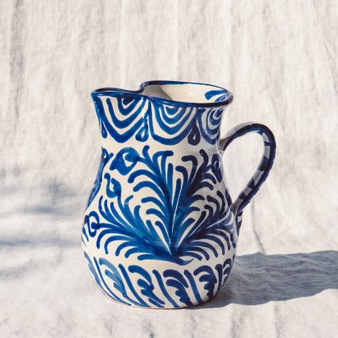 Casa Azul SMALL pitcher with hand painted designs – Pomelo Casa Dining Decoration, Painting Ceramics, Pitcher Decor, Spanish Decor, Hand Painted Designs, Southern Spain, Terracotta Clay, Spanish Design, Painted Designs