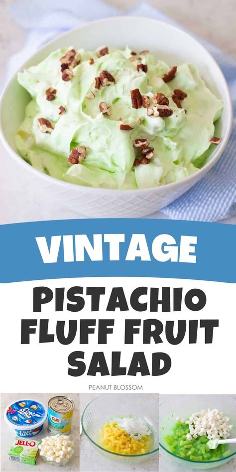 This light and creamy pistachio fluff fruit salad makes a great holiday side dish or no bake dessert. Top it with chopped pecans for color and crunch. Dessert Fruit Salad, Fluff Salad Recipes Cool Whip, Five Cup Salad Recipe, Cool Whip Fruit Salad, Fruit Salads For Parties, Fruit Fluff Salad, Pistachio Fluff Salad, Pistachio Pudding Dessert, Fruit Cocktail Salad